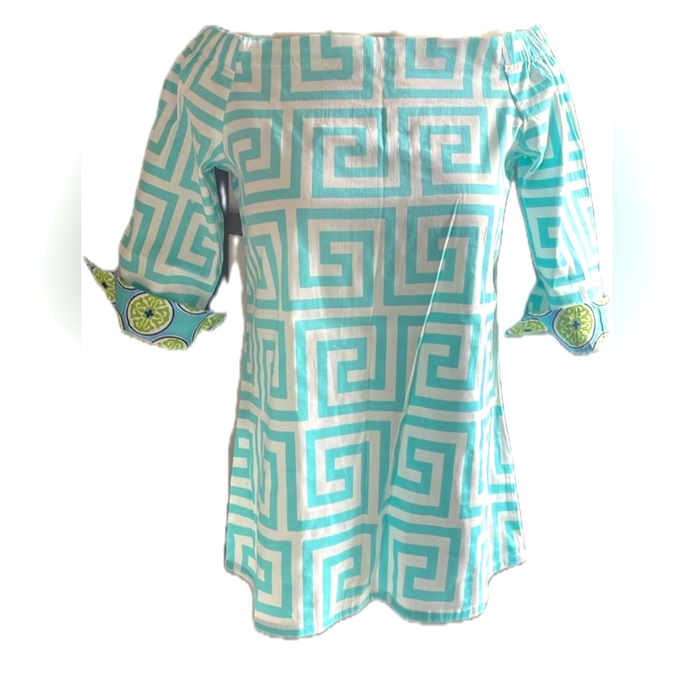Unique Turquoise blue and white Greek key  patterned off the shoulder shirt .